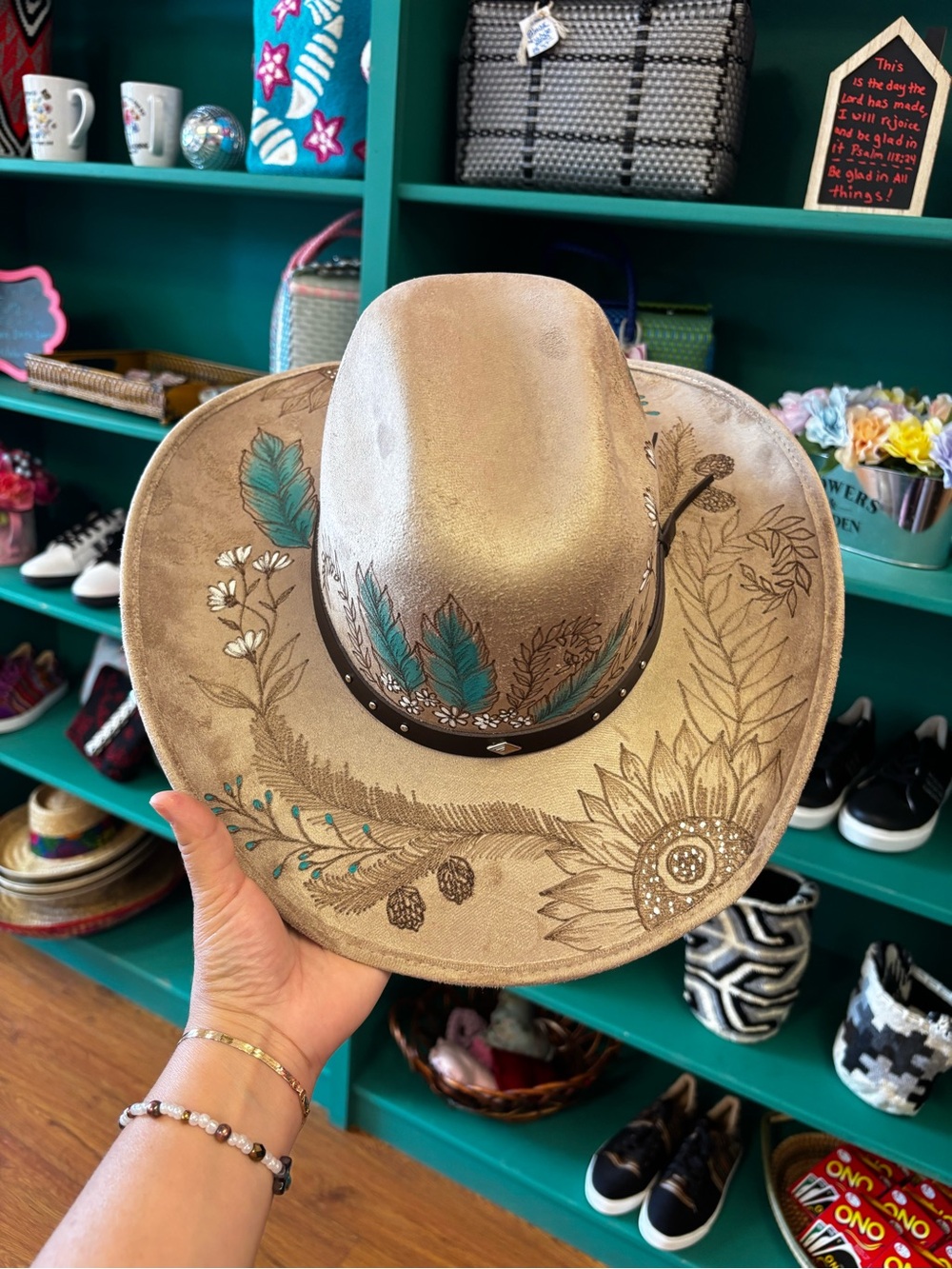 Taupe Floral Western Cowgirl Hat with Teal Feather Accents